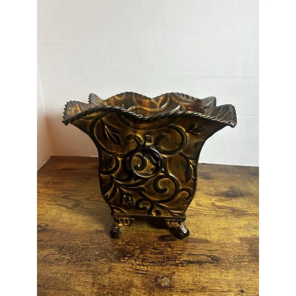 Vintage Embossed Metal Planter Bronze Floral Scroll Footed Cachepot Decor Accent